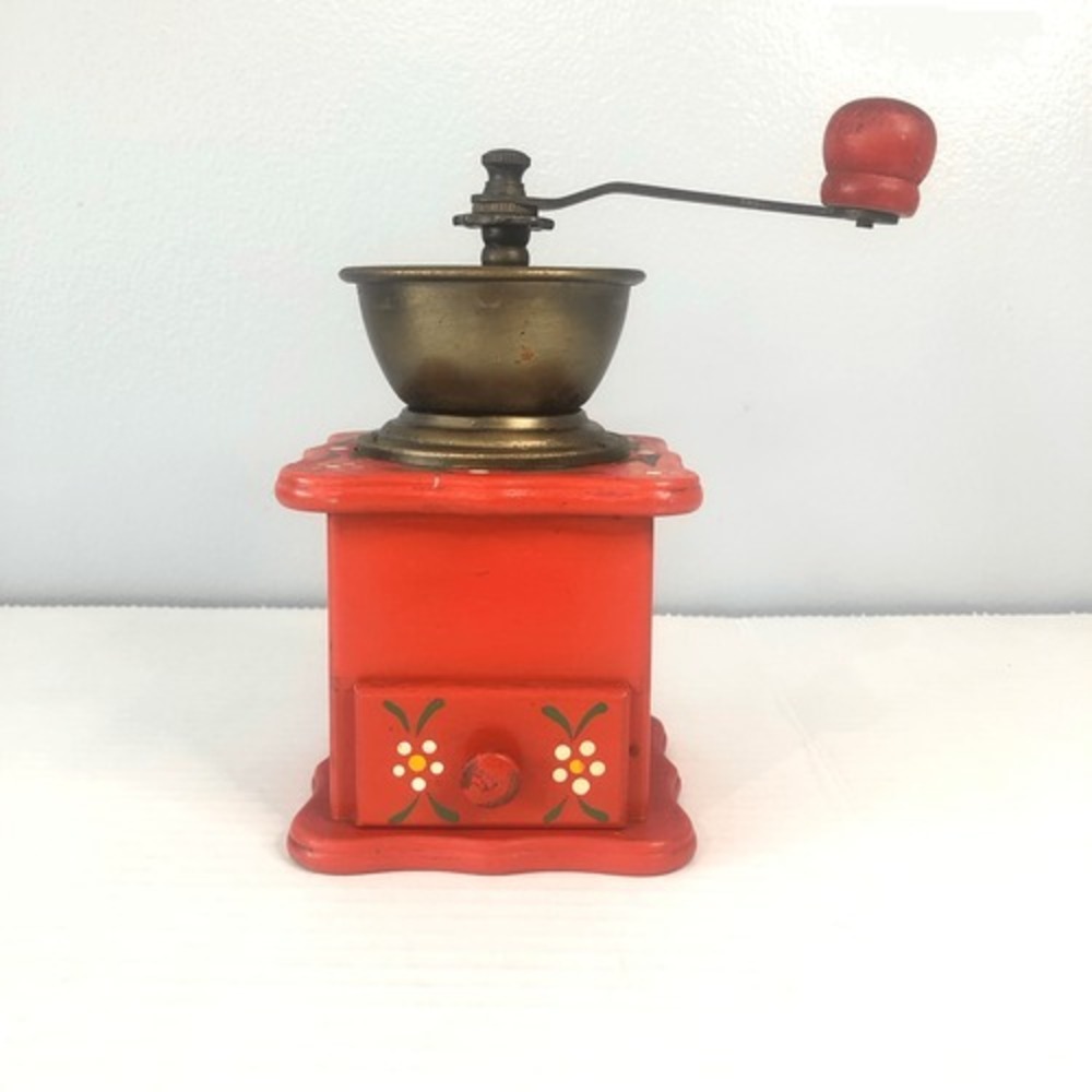 vintage hand painted grinder red with flowers folkart decor kitchen grandma